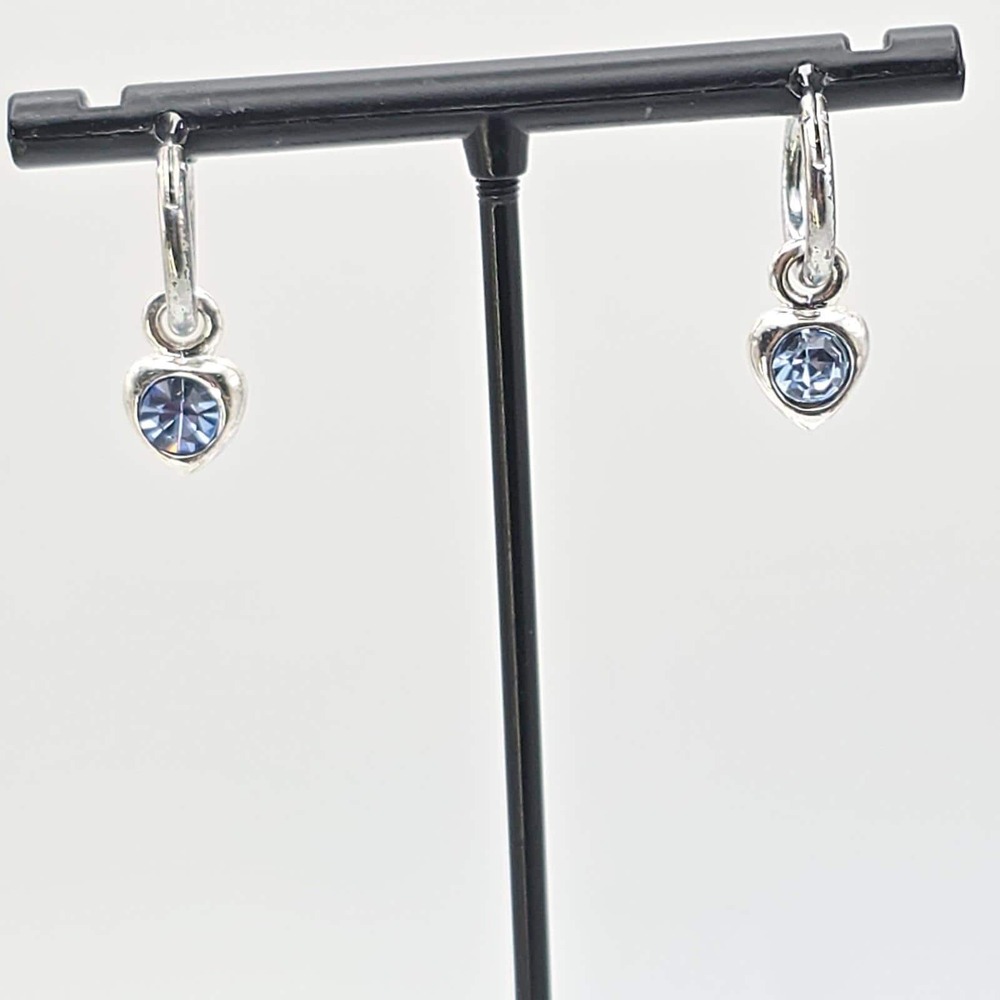 Vtg LIZ CLAIBORNE Heart Earrings Light Blue Crystals Silver Finish Drop Hinged